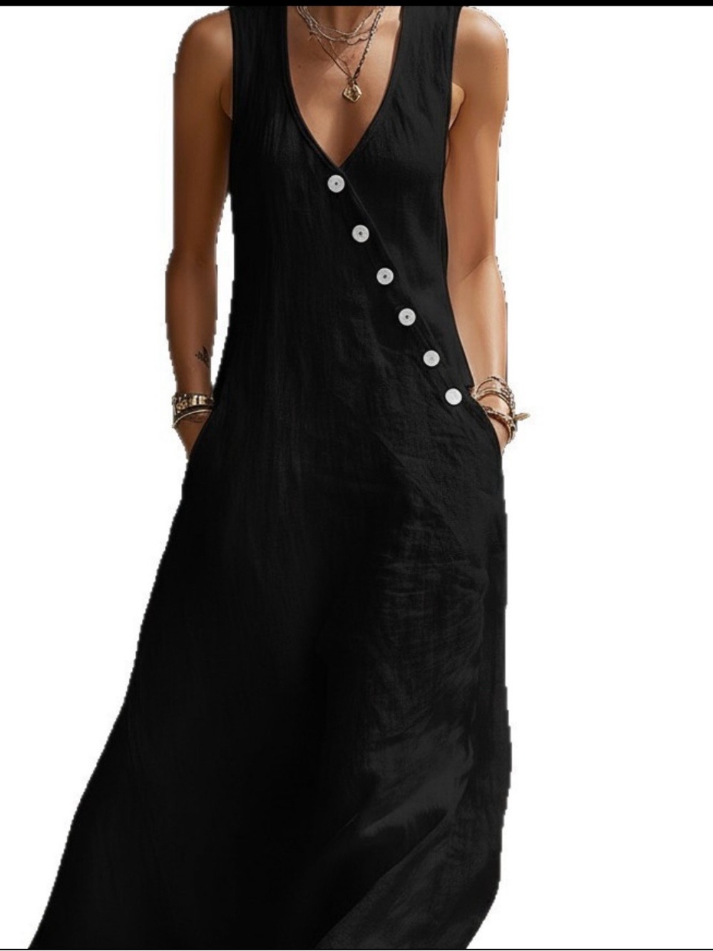 2408 -NWT Black Asymmetric Button Maxi Dress Medium M Boho Stretch Shift Pockets